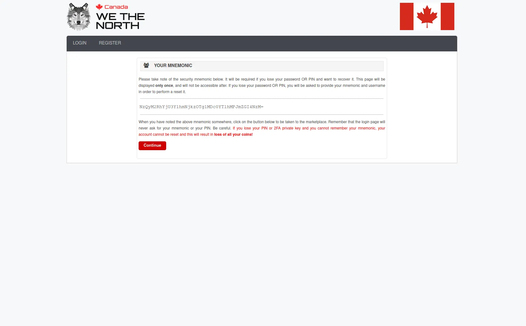 Mnemonic phrase recovery for WeTheNorth Market account security